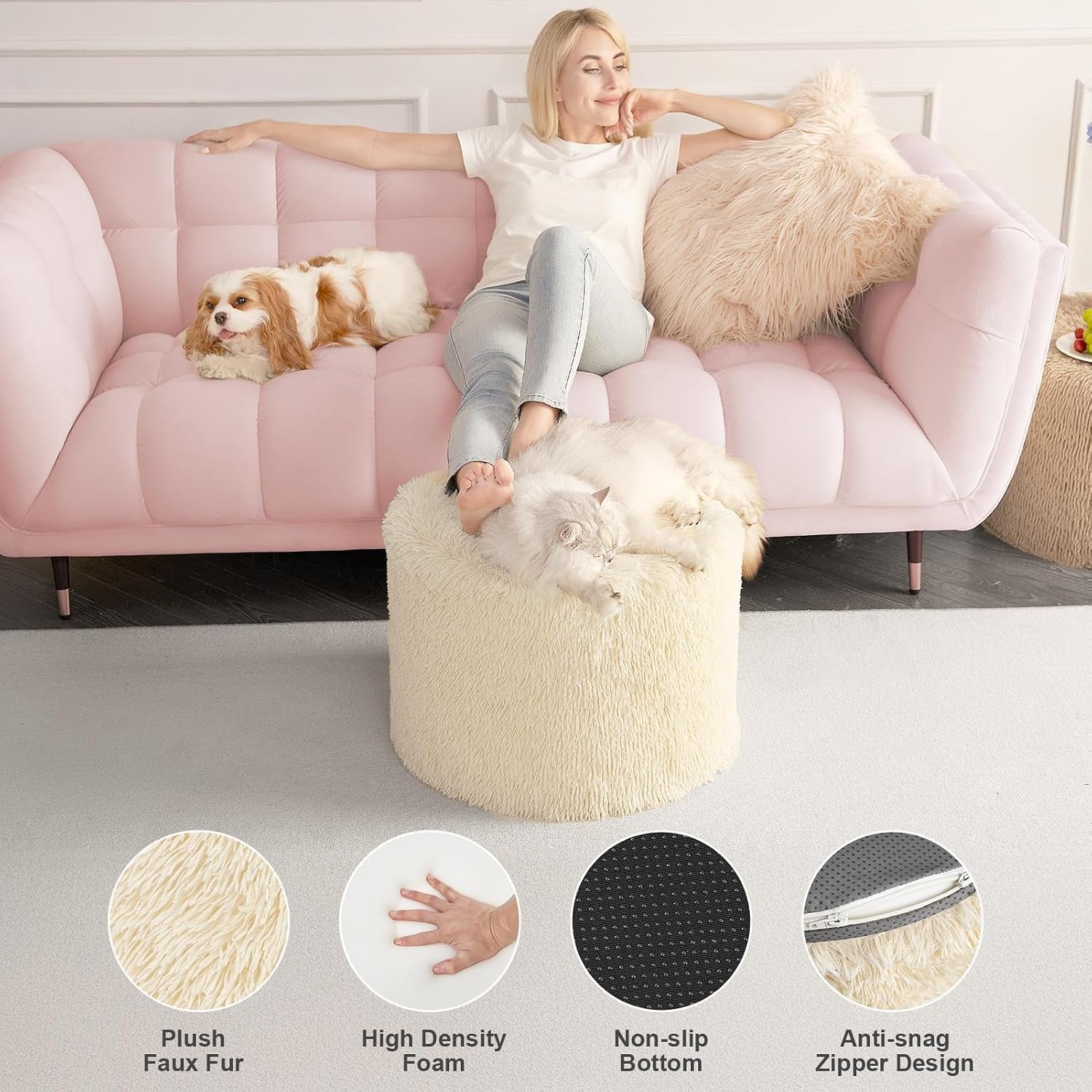 Living room scene with a beige faux fur pouf used as a footrest in front of a pink sofa with pets