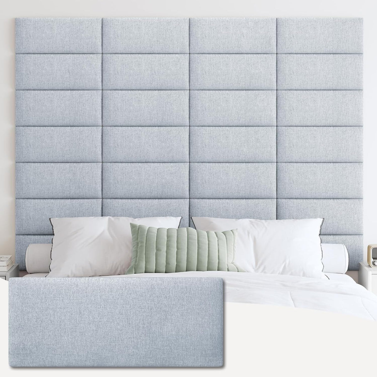 Bedroom headboard wall of nine vertical tufted panels in a light gray fabric, bed and pillows below