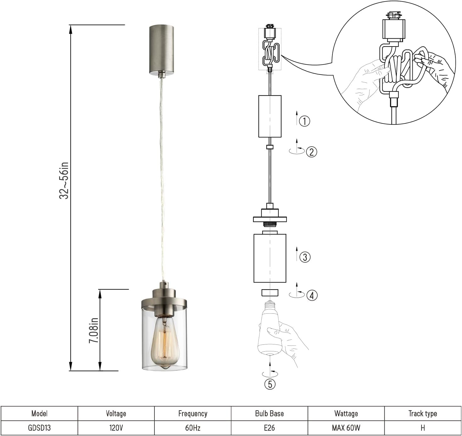 Technical diagram showing pendant length range and glass shade with exploded assembly steps