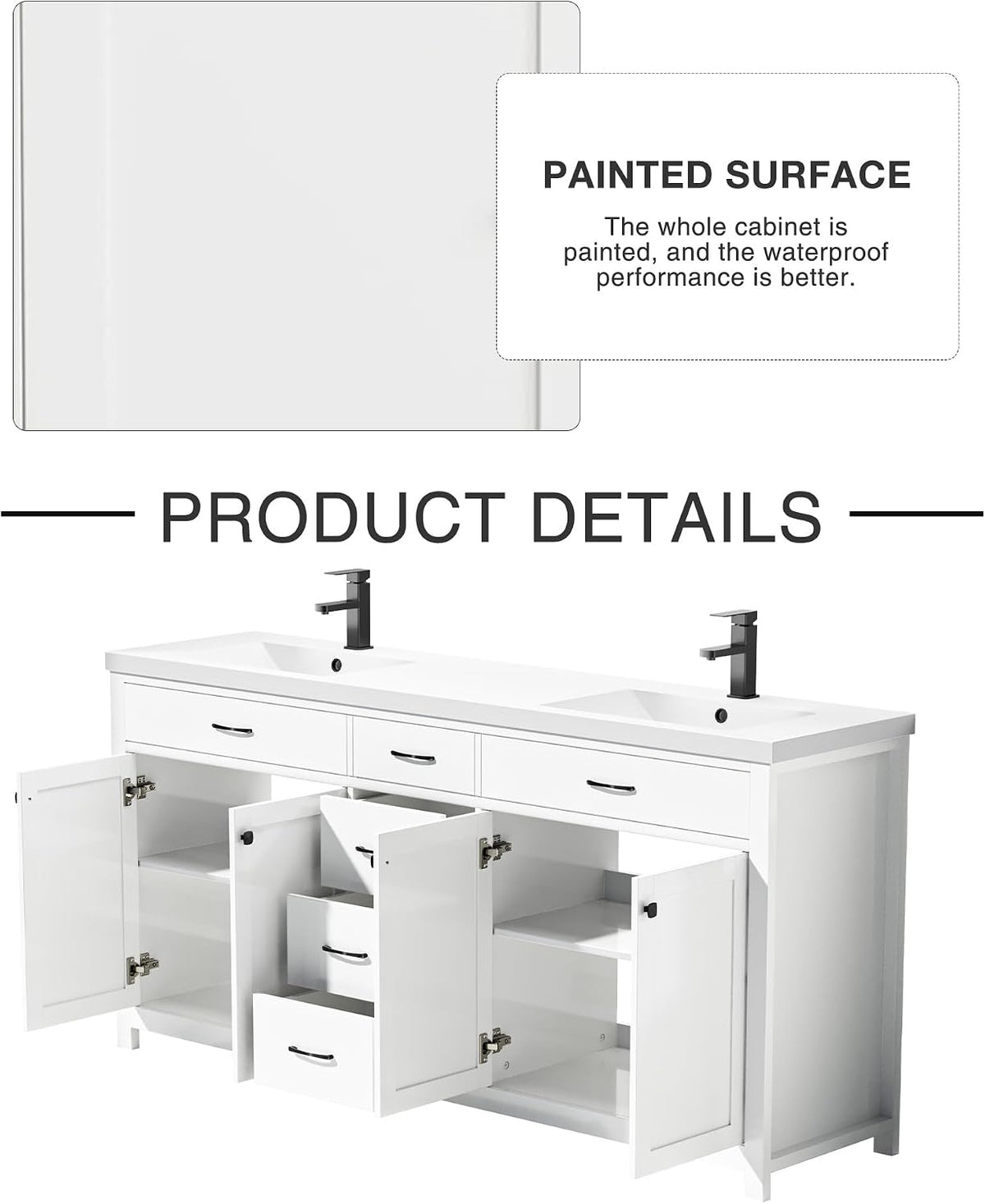 Rear/inside view of white vanity with cabinet doors open showing shelves, drawers and painted surface detail