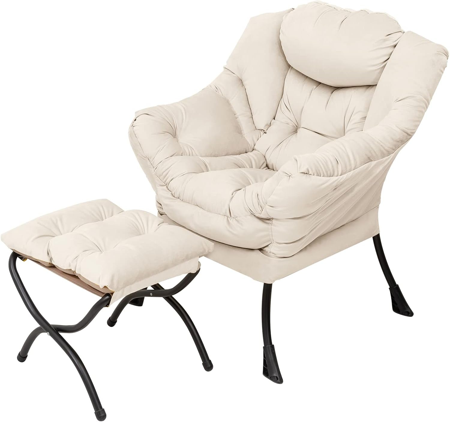 Plush cushioned lounge chair with matching ottoman on curved black metal legs in light beige fabric.