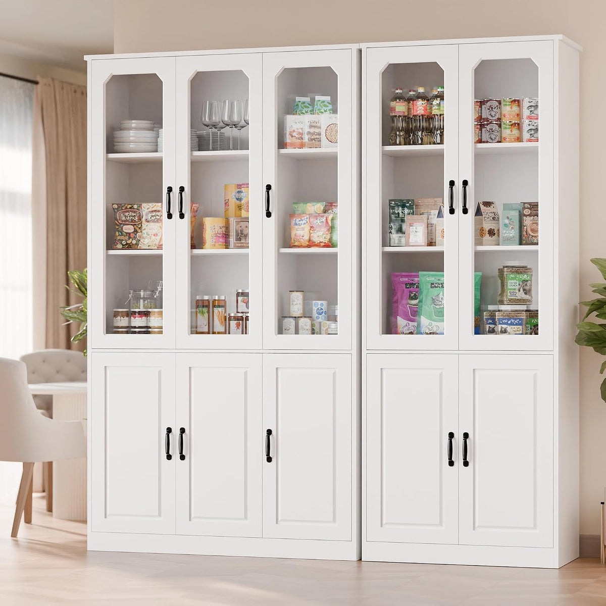 Two white pantry cabinets side-by-side illustrating the 3-glass-door 46" model next to a 2-glass-door 31.5" variant