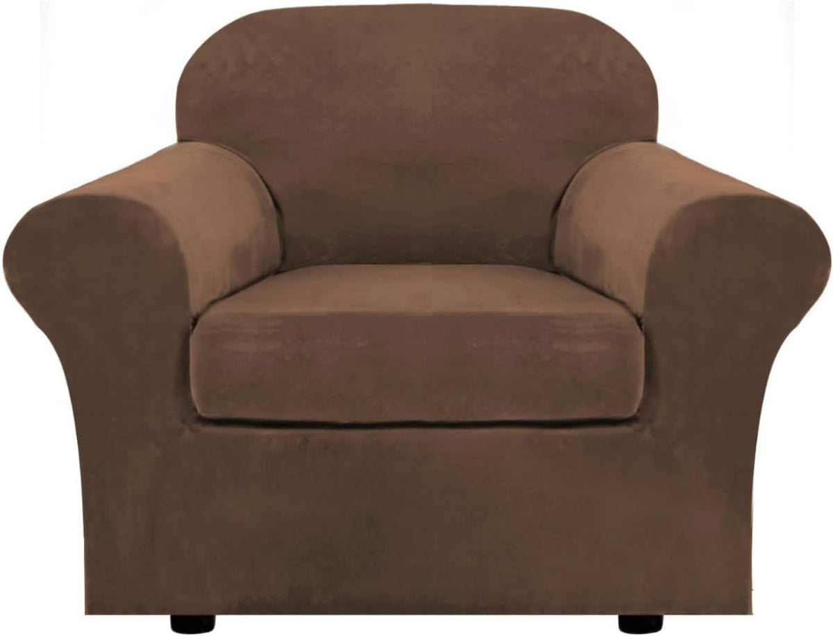 Front view of a single-seat armchair covered in a smooth dark brown stretch slipcover.
