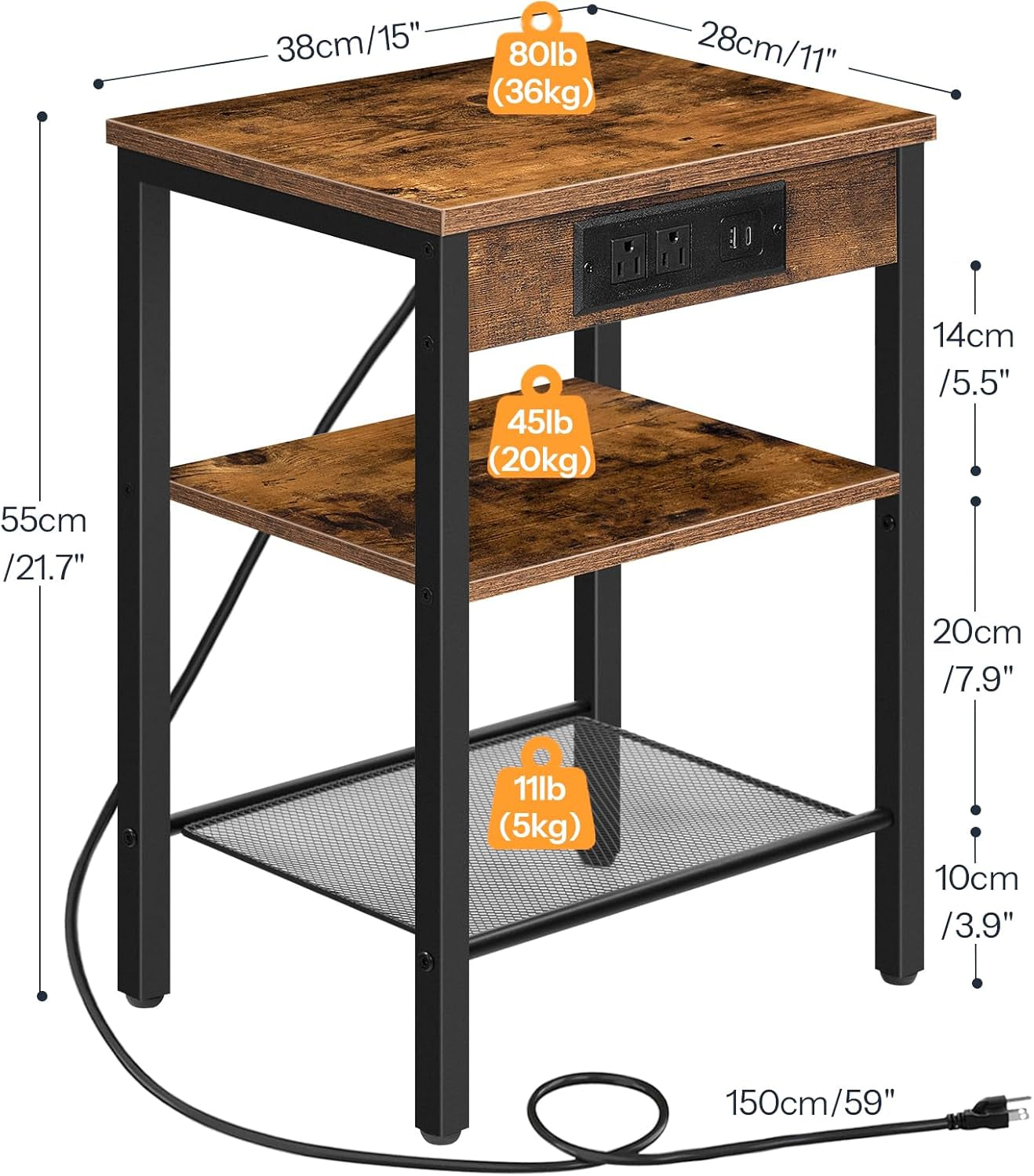 Diagram view with dimensions (15" x 11" x 21.7") and shelf load capacities called out