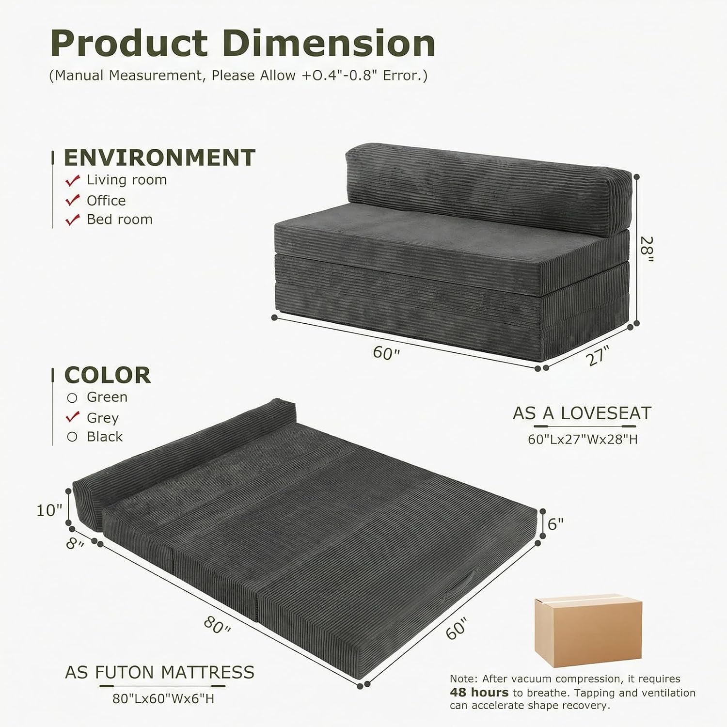 Graphic showing dimensions with loveseat at 60"×27"×28" and futon mattress 80"×60"×6" in grey