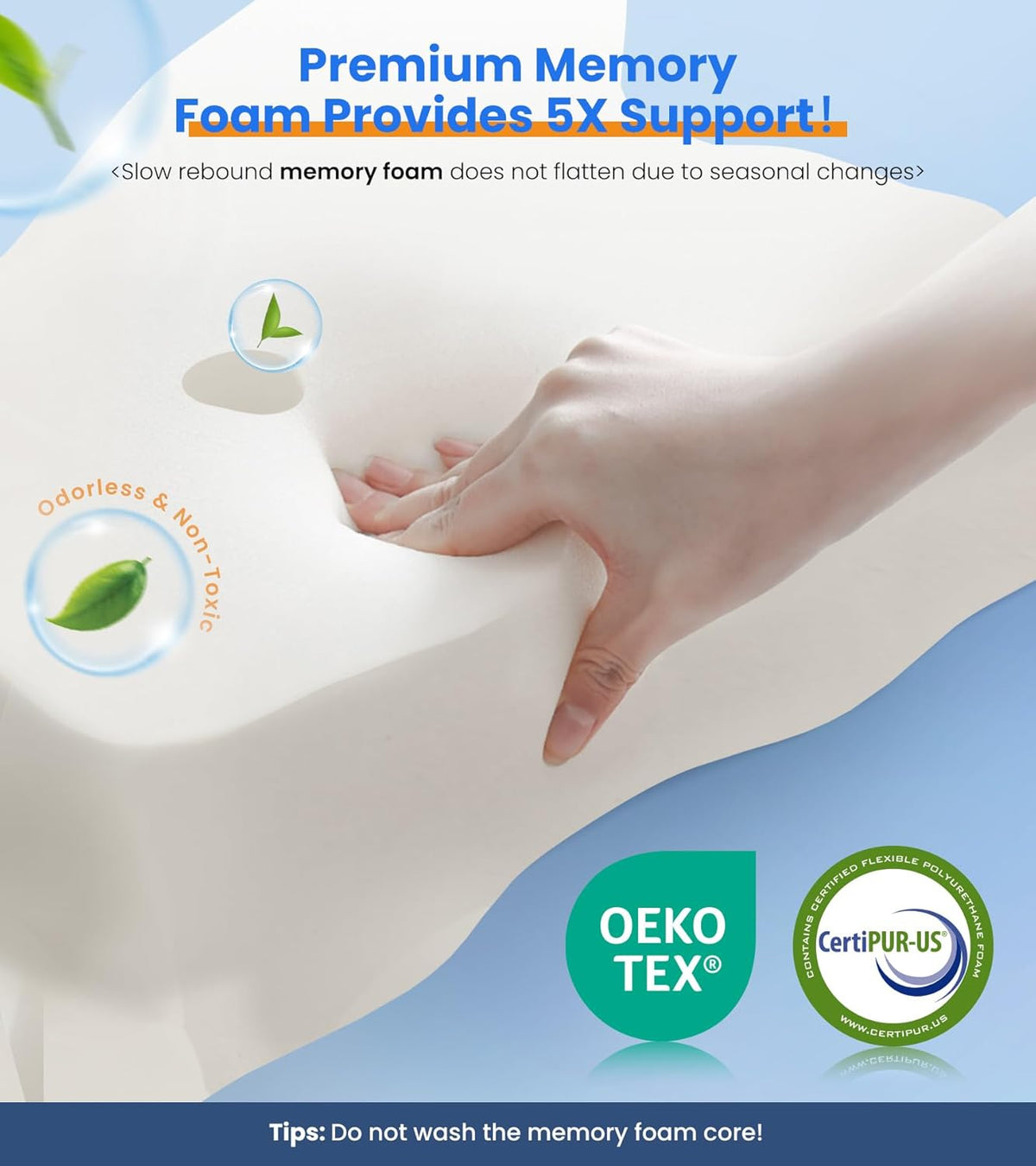 Close up of hand pressing slow‑rebound memory foam with OEKO‑TEX and CertiPUR‑US certification logos