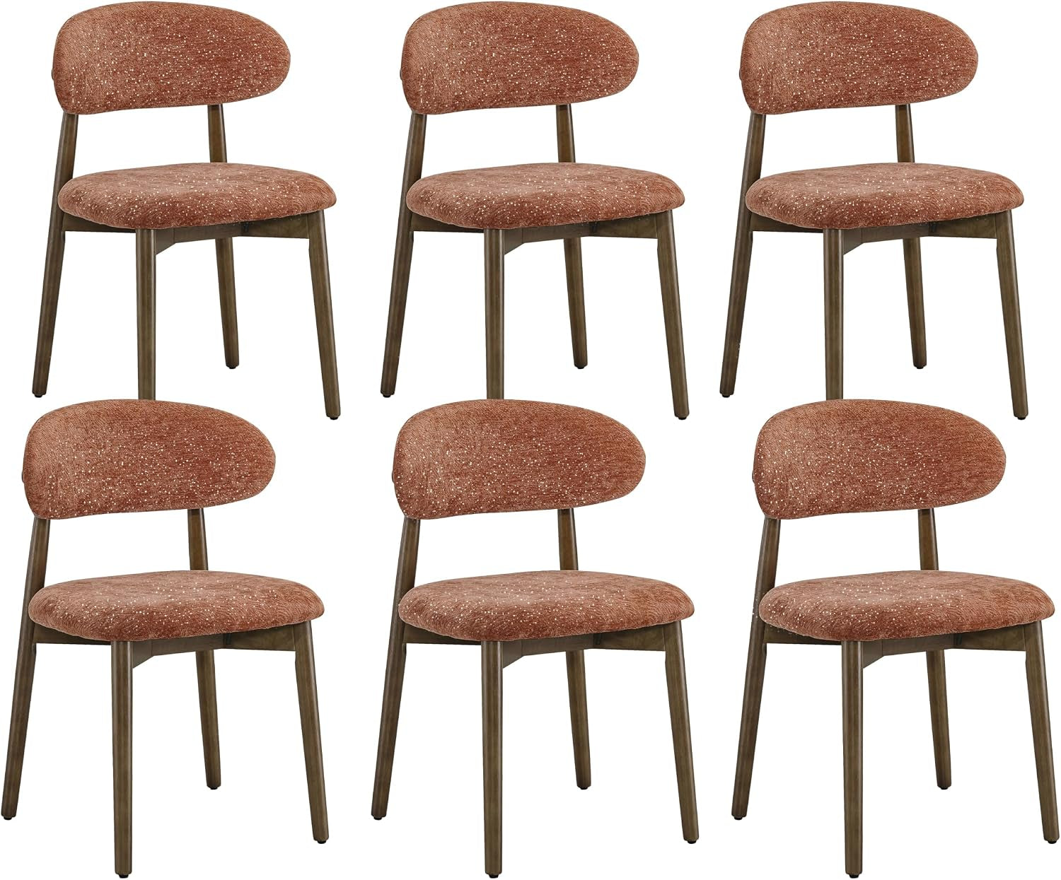 Six rust-brown upholstered dining chairs with curved backs and dark brown legs on white.