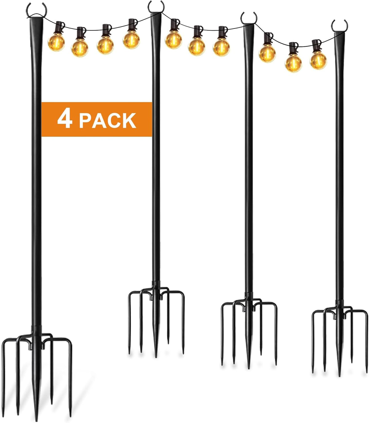 Four assembled black string light poles with fork bases shown on a white background.