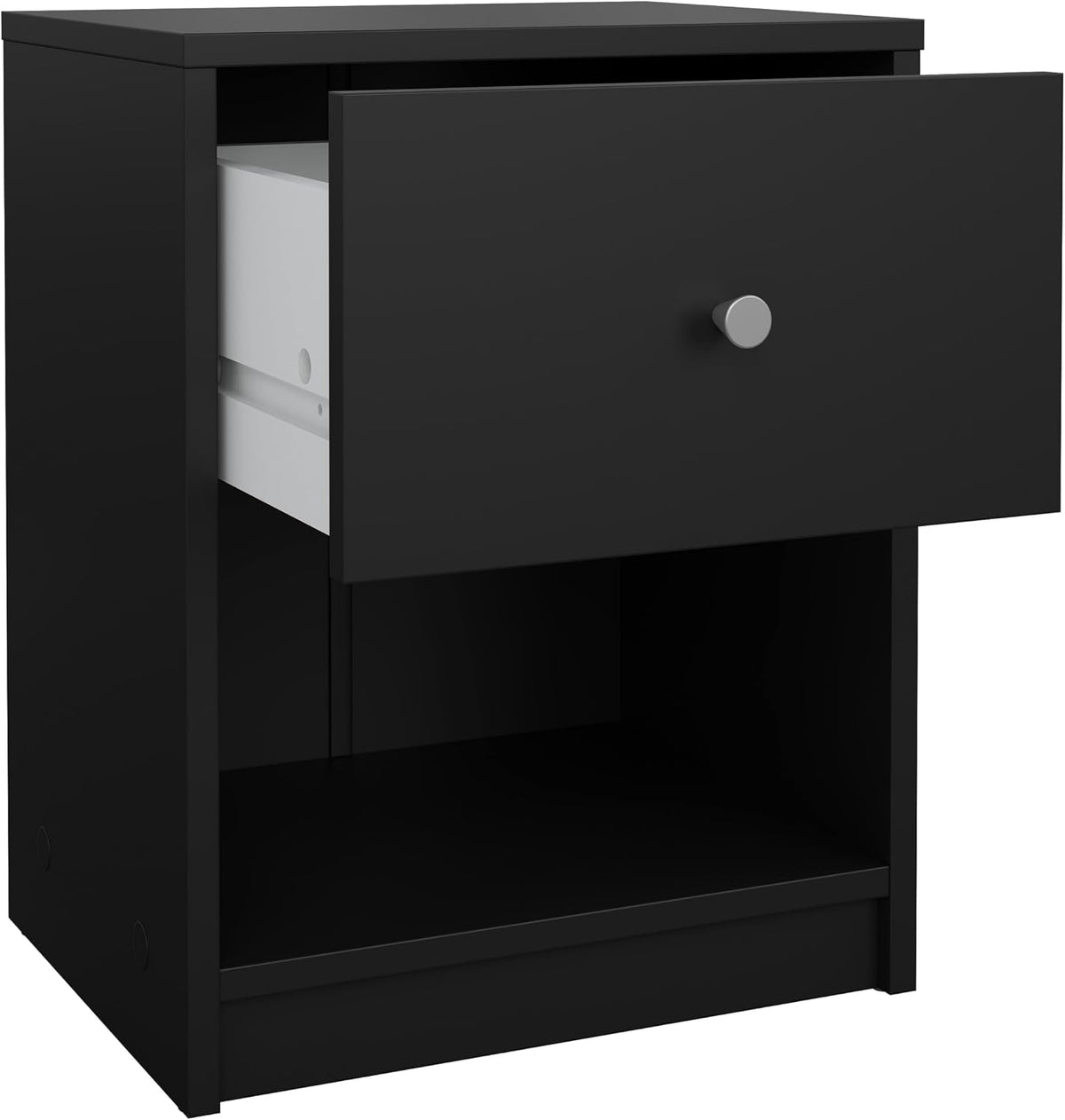Angled close-up of a black nightstand with the drawer partially open showing the white interior and plastic glide