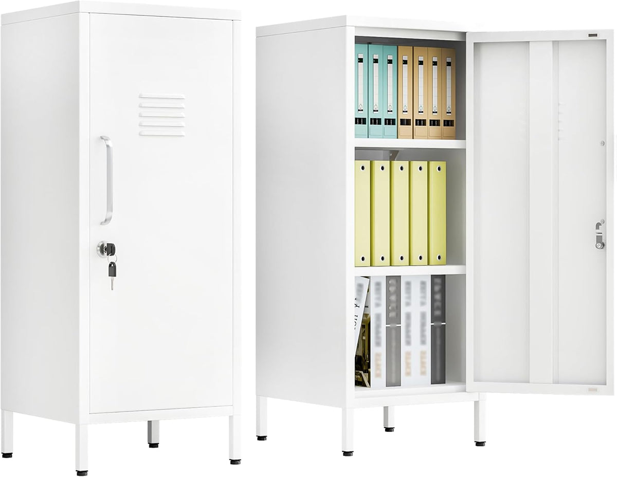 Front view of two white metal storage lockers, one closed and one open showing shelves with colorful binders.