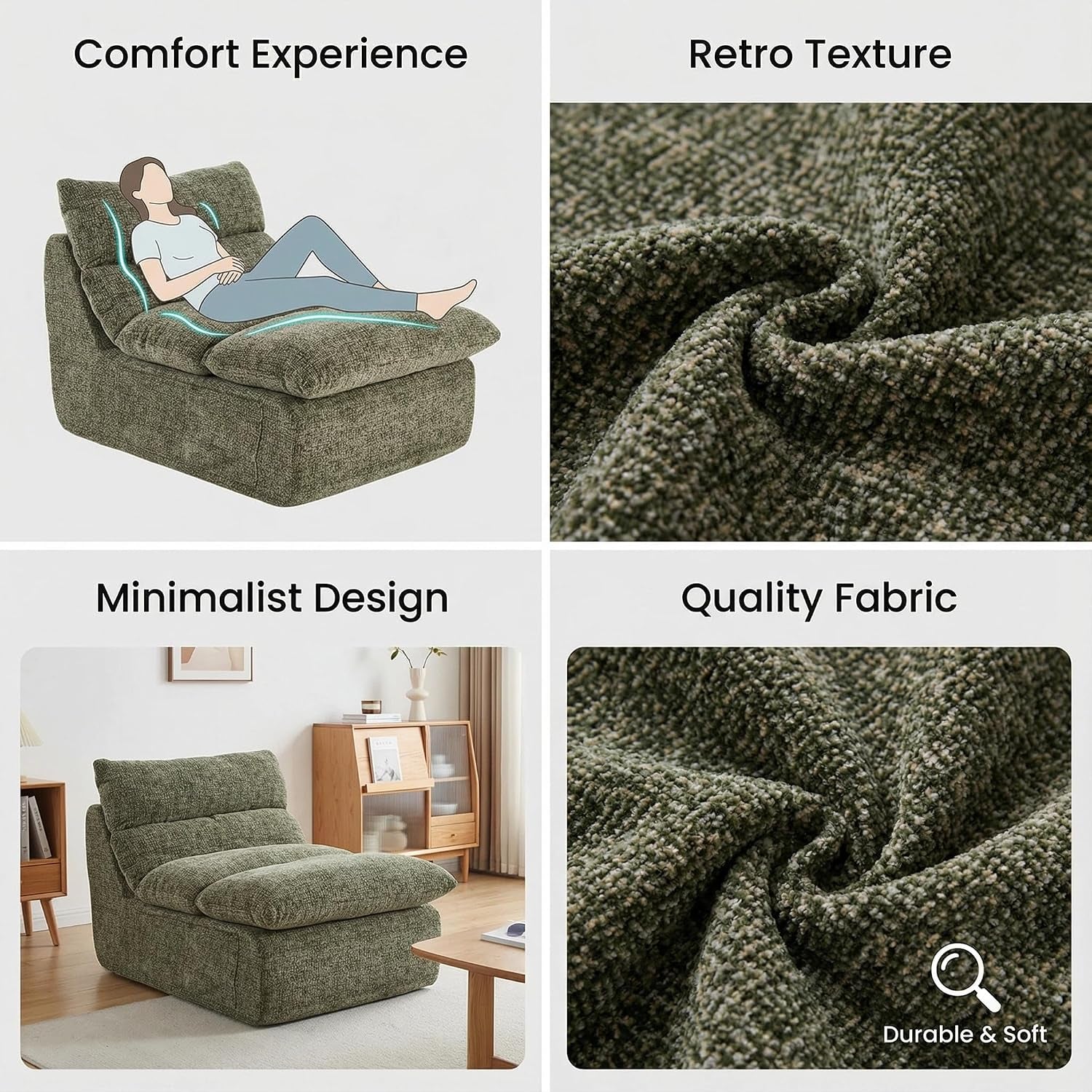 Grid with a reclining comfort illustration, two close-ups of olive-green chenille texture, and a small minimalist-room