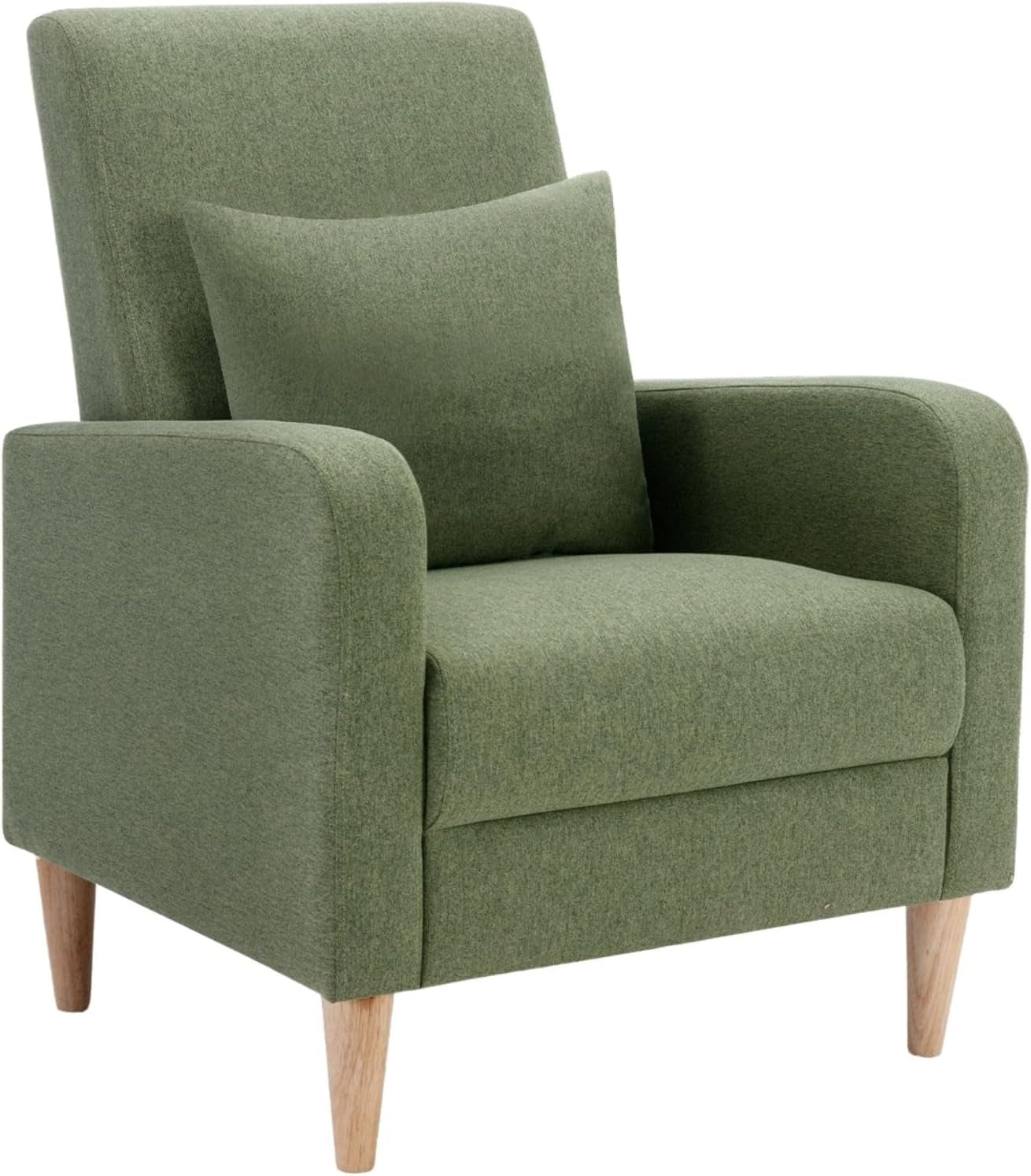 Side-front view of a green upholstered high-back accent chair with removable pillow and tapered wood legs.