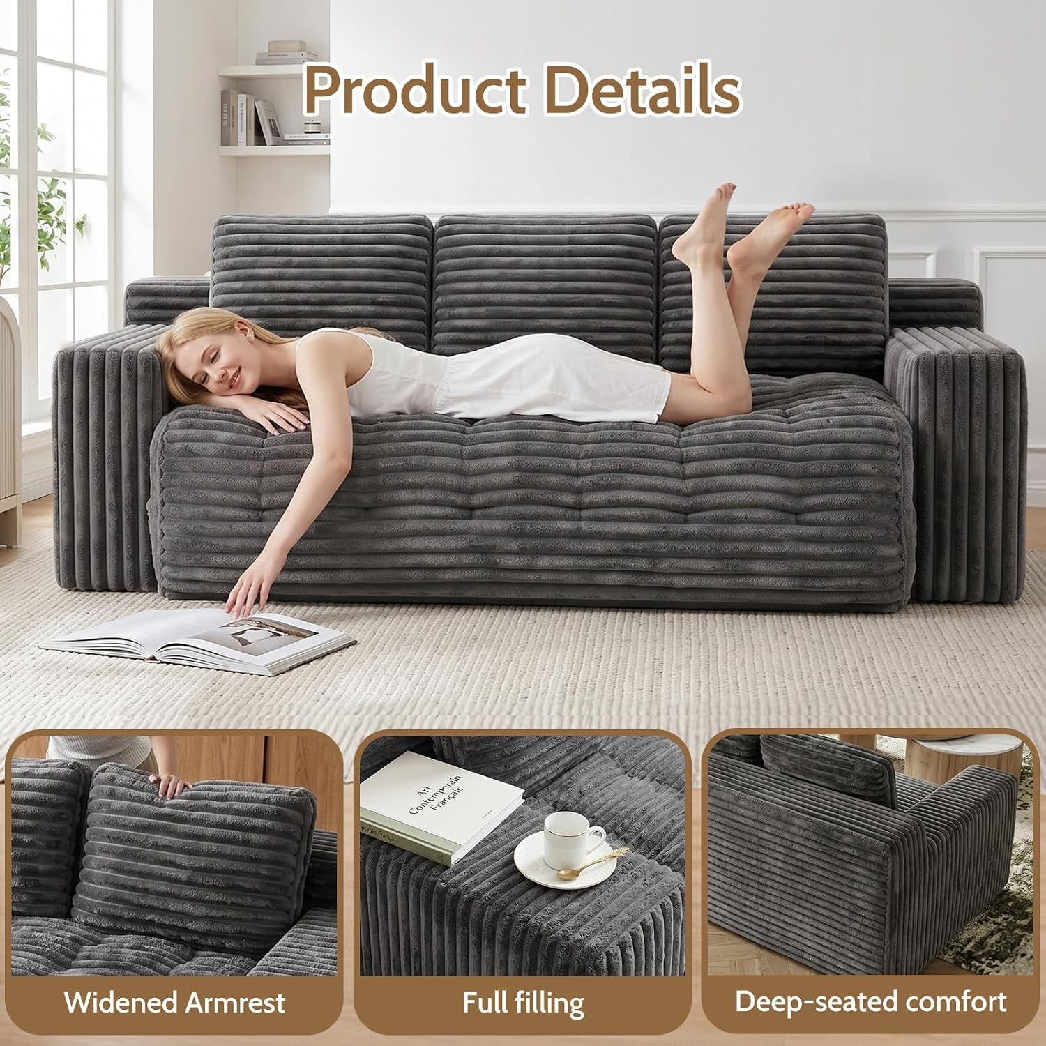 70” Boneless Couch, 3 Seater Sofa Couch with Extra Deep Seats 3 Pillows,Corduroy Modern Small Couch for Living Room, Office, Bedroom, Apartment,Grey