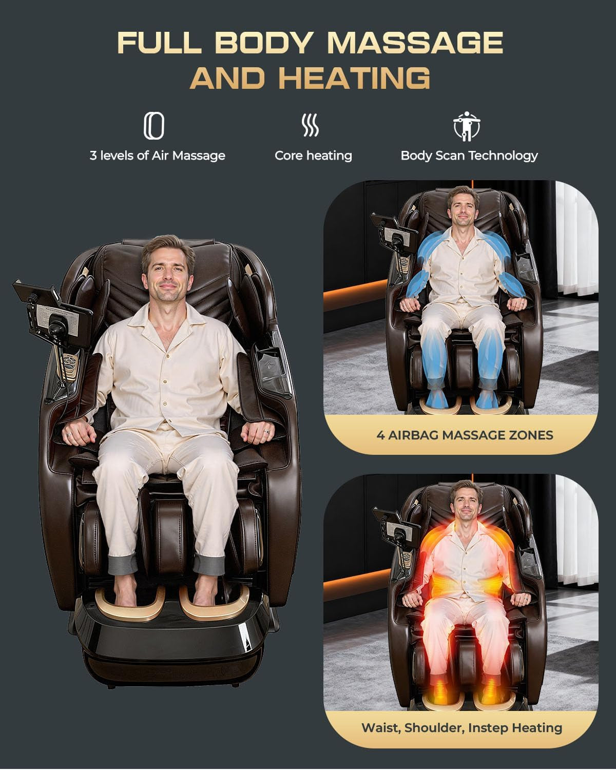 Front view of a man seated in a brown massage chair with two inset images highlighting airbag zones and heated areas around