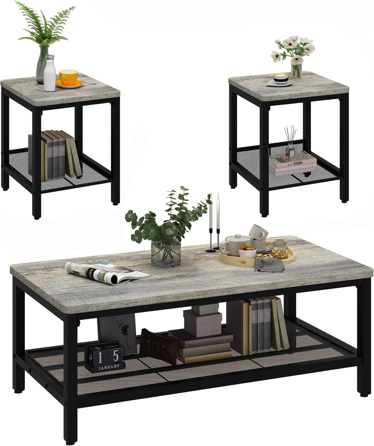 Three-piece set shown with weathered gray wood-look tops and black metal frames.