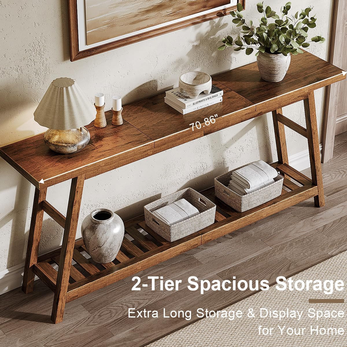 Angled top view of walnut console table showing the 70.86" length overlay and slatted lower shelf with storage baskets