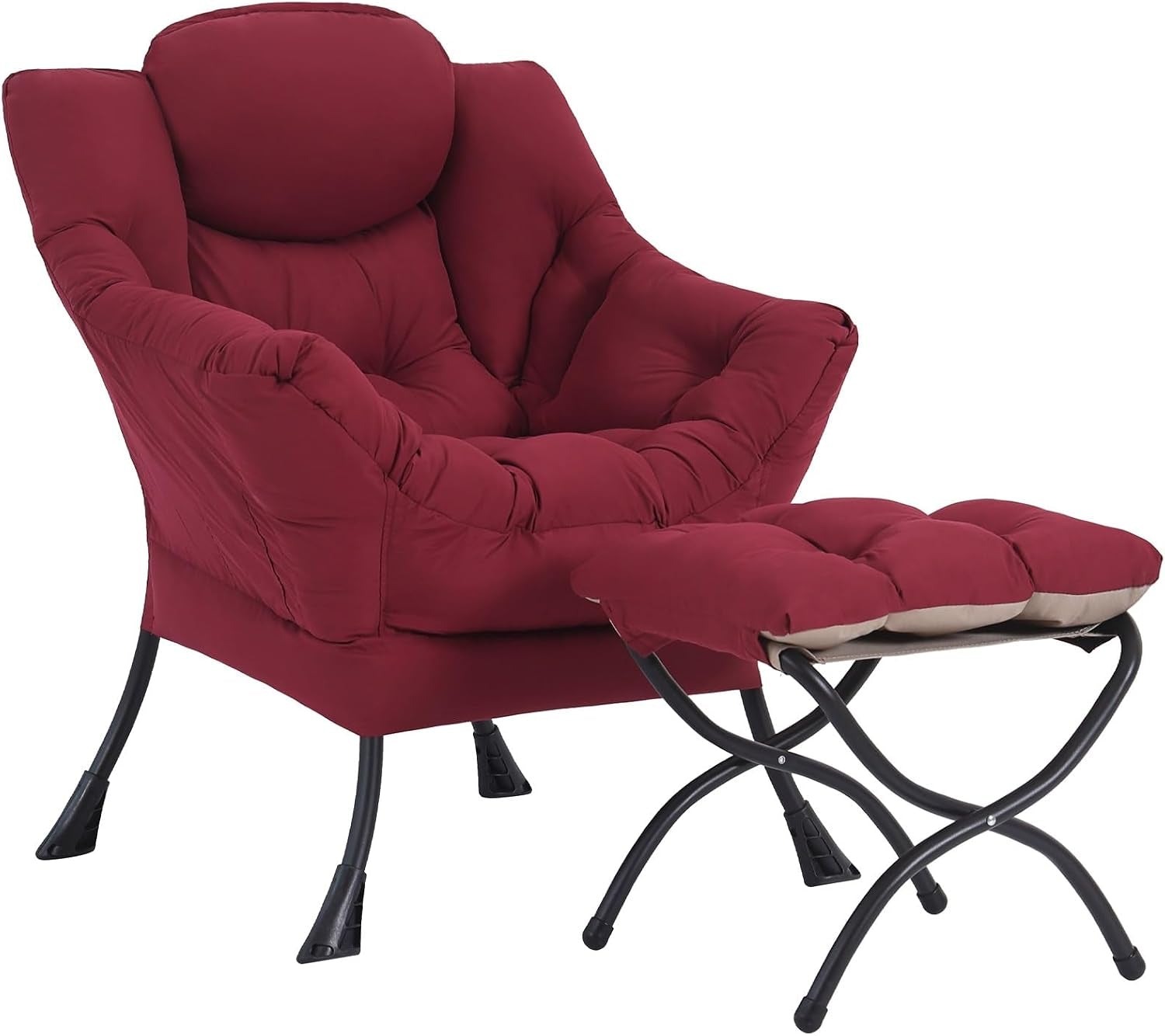 Deep red padded lounge chair with a matching cushioned ottoman and black metal legs