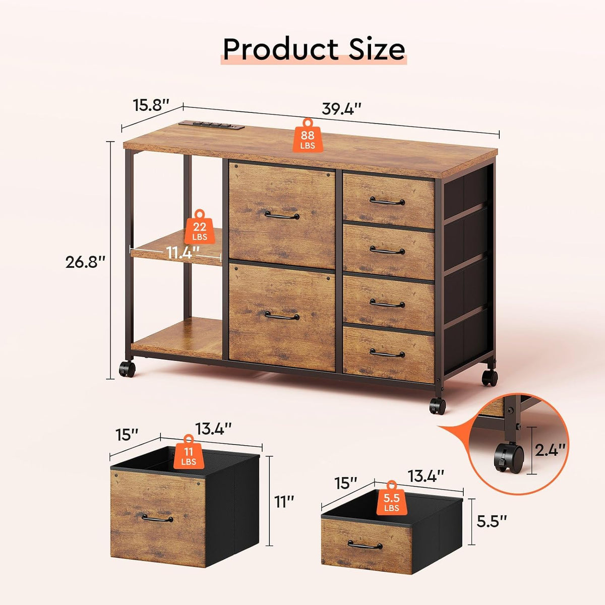 Size diagram of the rolling file cabinet with measurements and drawer dimensions highlighted on a beige background