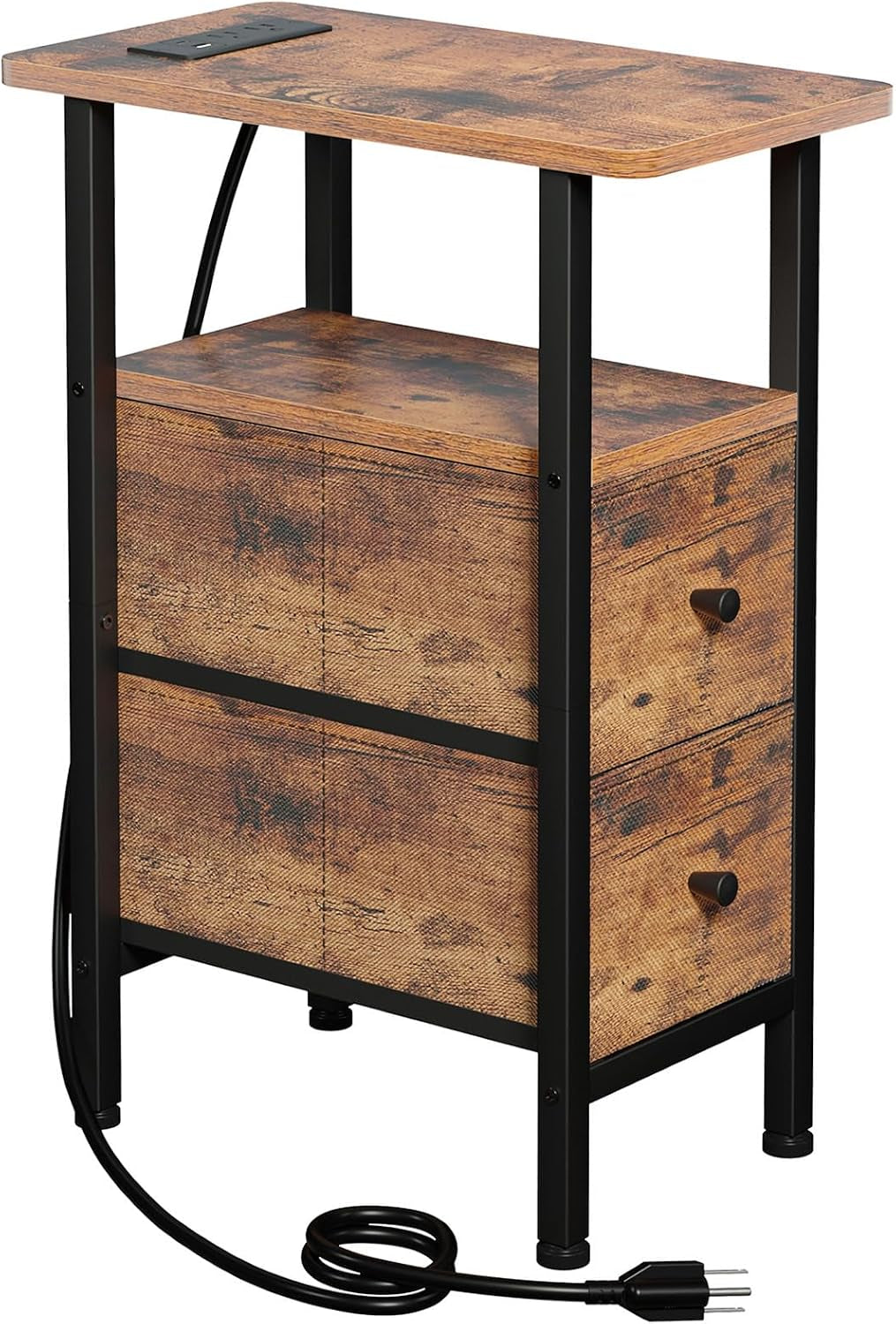 Alternate angled view of wood-effect narrow side table showing three drawers and power cord