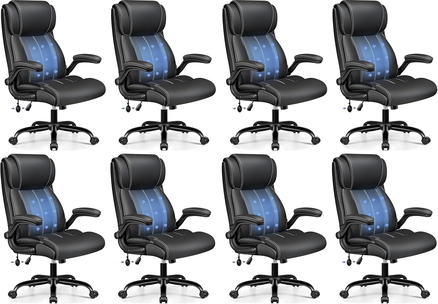 Eight black office chairs arranged in a 4x2 grid, front three-quarter views on white background.