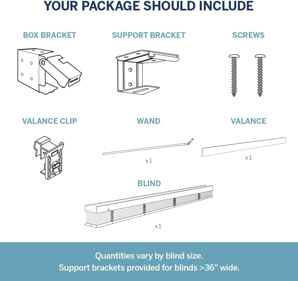Line-drawing parts diagram showing a box bracket, support bracket, two screws, valance clip, wand, valance strip, and the