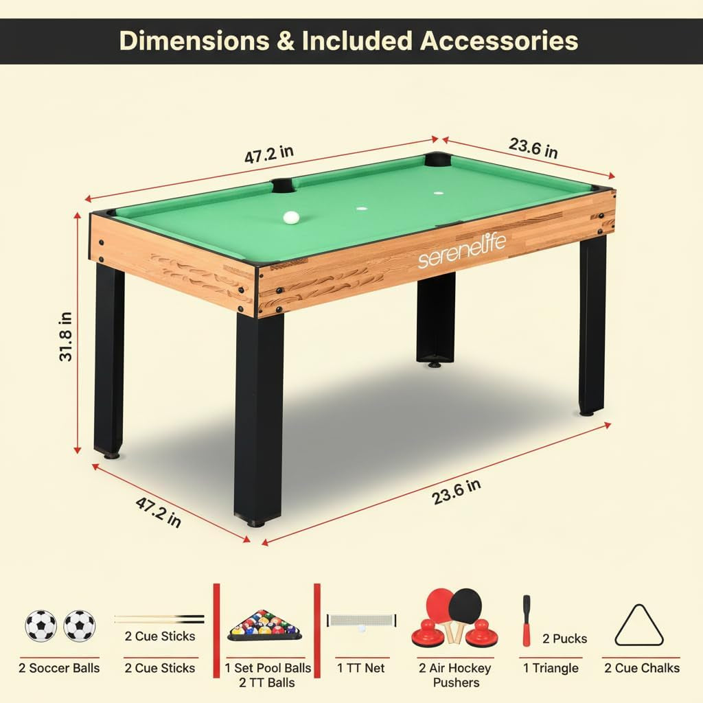 Diagram of the table with measurements and an illustrated accessories list including balls, cues and paddles