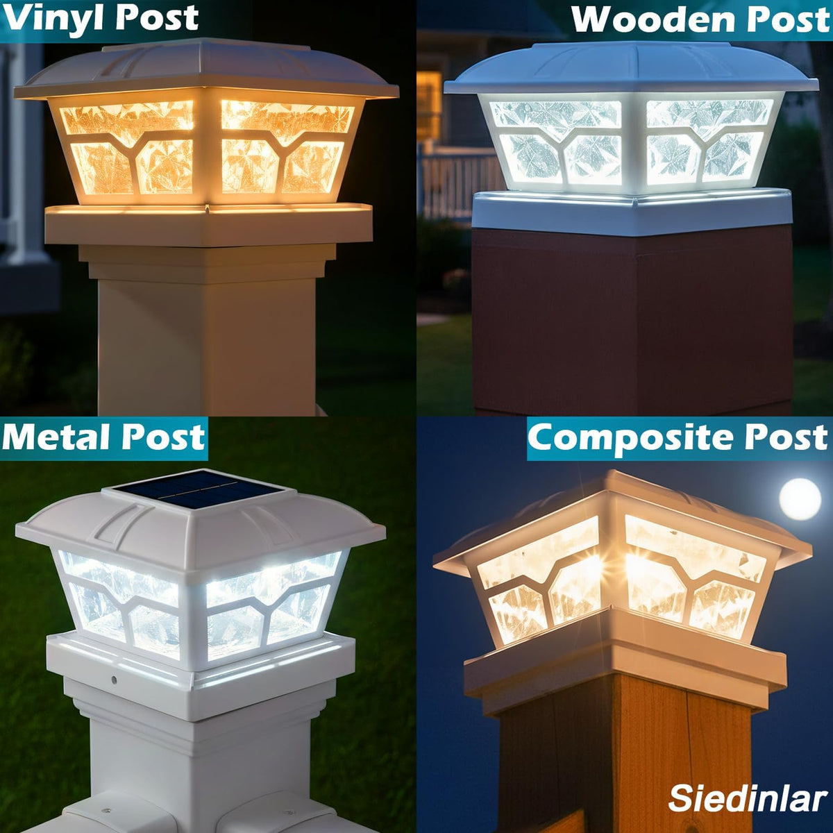 Four illuminated cap lights shown on vinyl, wooden, metal, and composite posts in nighttime scenes.