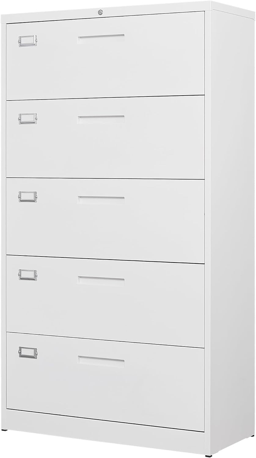 Front three-quarter view of a tall white metal filing cabinet showing five horizontal drawers.