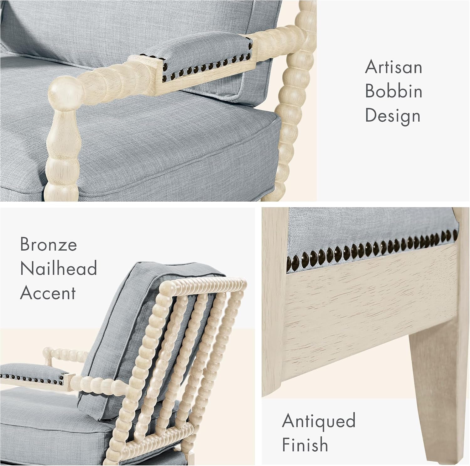 Detail shots of bobbin armrest, bronze nailhead trim, and antiqued finish close-ups