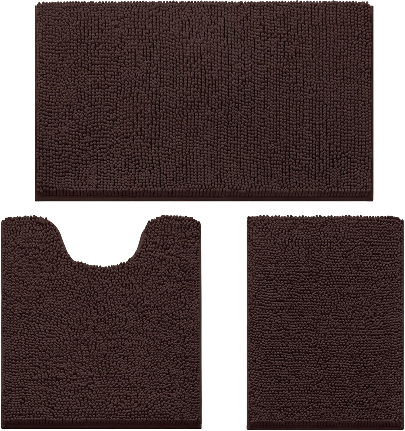 Flat lay of three dark brown chenille bathroom rugs: large mat, U-shaped contour rug, and small rectangular mat