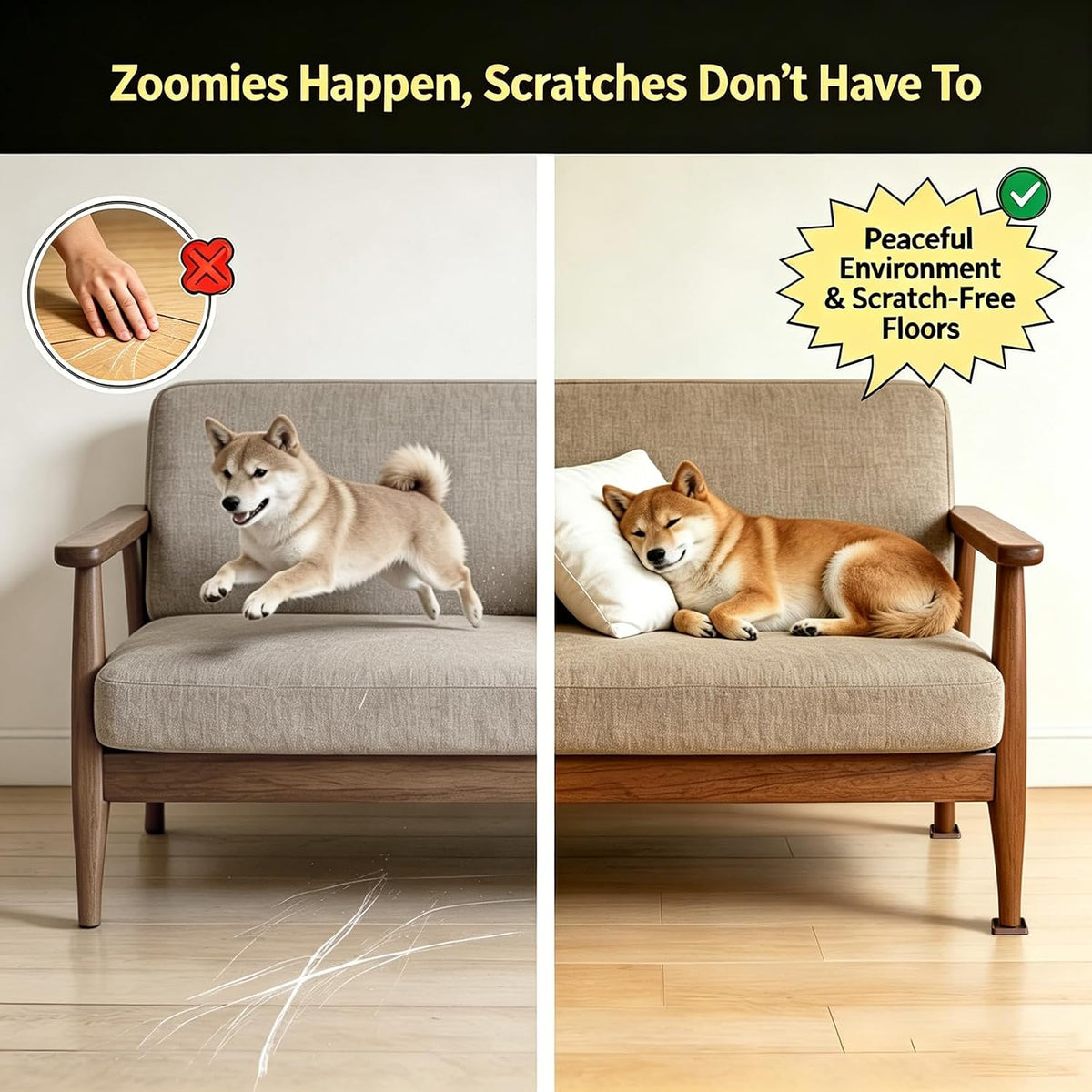 Split image of a sofa with a dog: left side shows floor scratches and an active dog, right side shows a calm dog and
