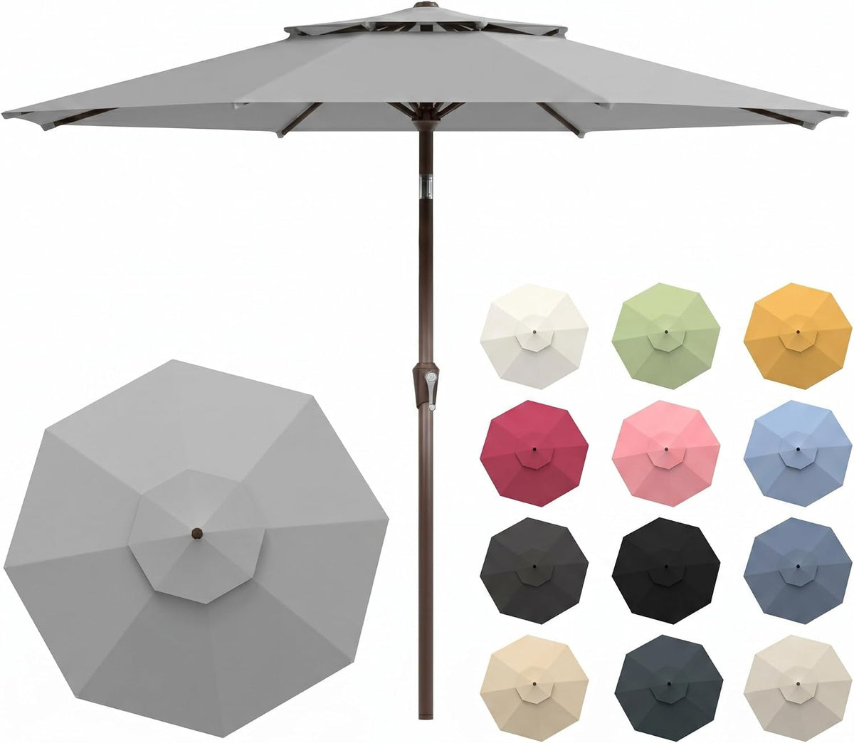 Light gray outdoor umbrella shown upright with a top-down inset and a grid of alternate color swatches.