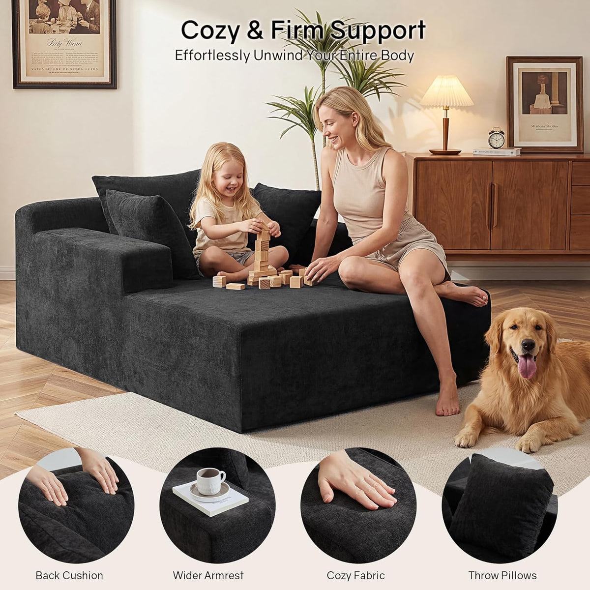 Dark gray chaise with a woman and child playing with wooden blocks, golden retriever sitting beside it.