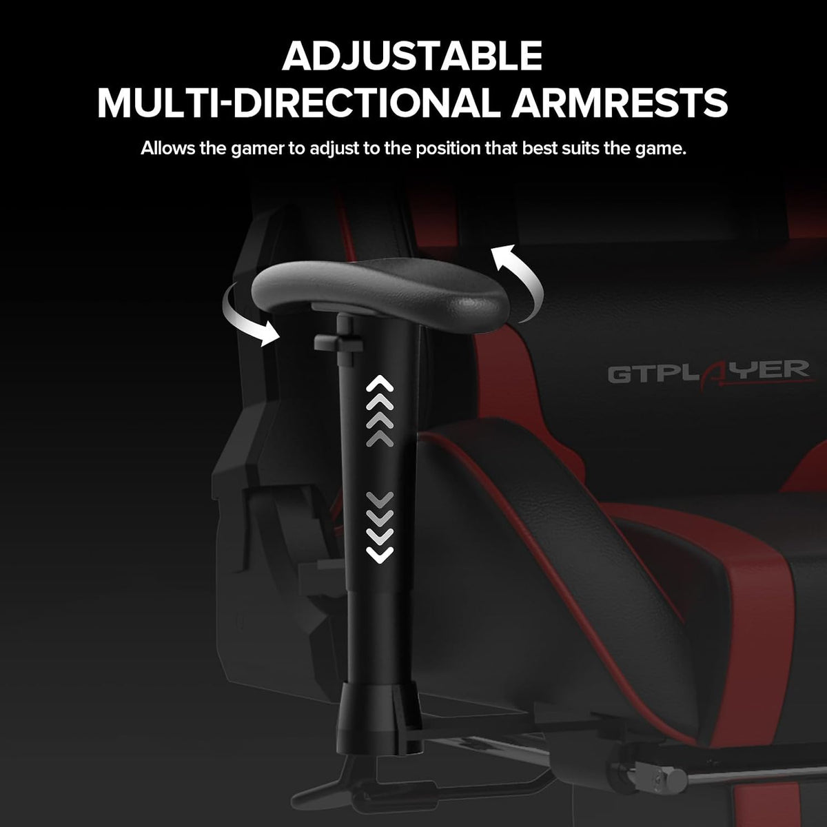 Close-up of adjustable multi-directional armrest showing height markers and swivel indication