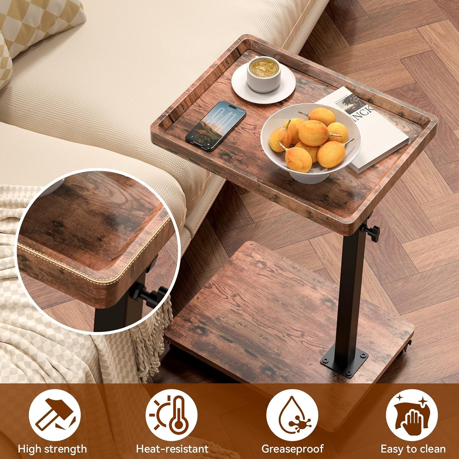 Close-up angled view of the wood-finish tabletop, steel support post and base on casters