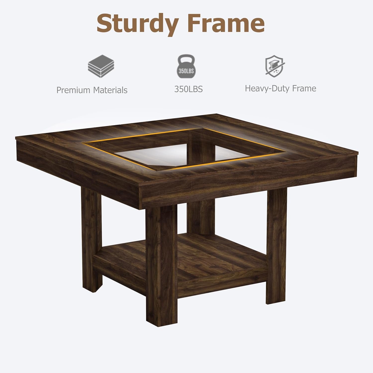 Three-quarter perspective of the square table highlighting a recessed center inset with a glowing trim