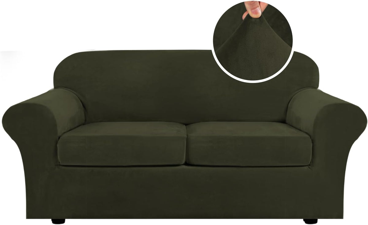Front view of a two-seat dark olive-green loveseat with visible floor-level black feet and a circular fabric close-up.