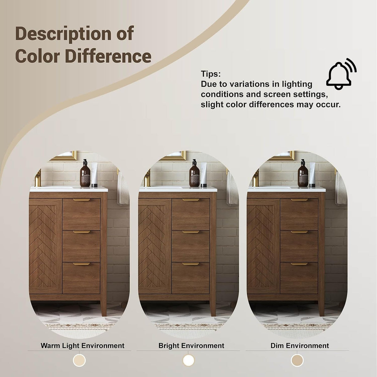 Three side-by-side views of the same brown vanity under warm, bright, and dim lighting to show color differences