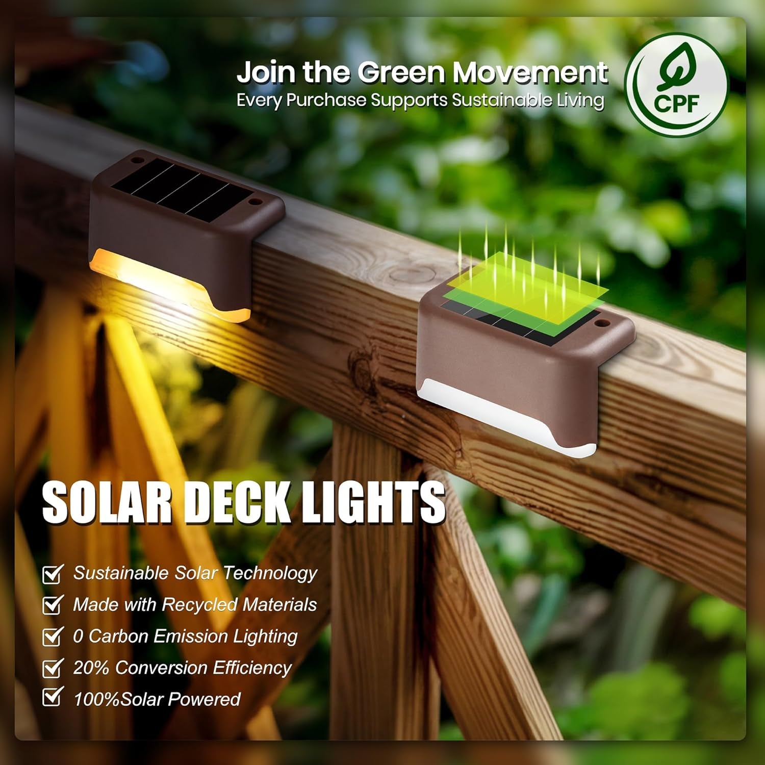 Brown-shell solar deck lights installed on a wooden railing with one light lit, close angled view