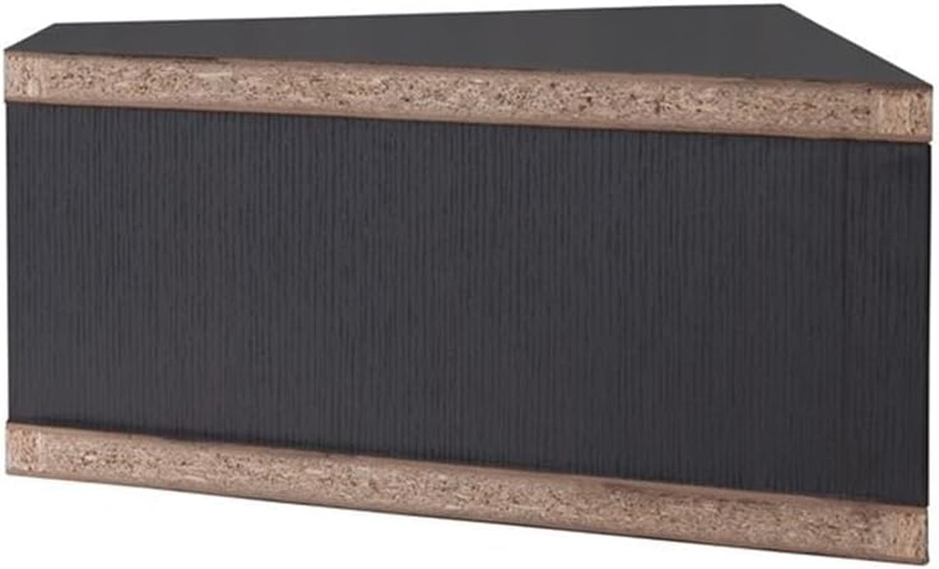Side view showing cappuccino finish and exposed particle board edge on the corner floating TV stand