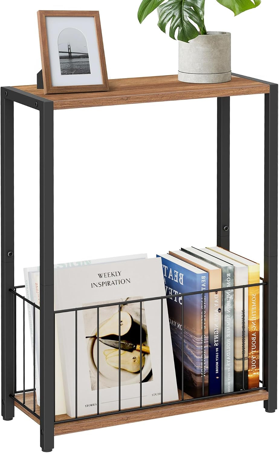 Narrow two-tier side table with a wood top, black metal frame and a removable wire basket on the lower shelf holding books.