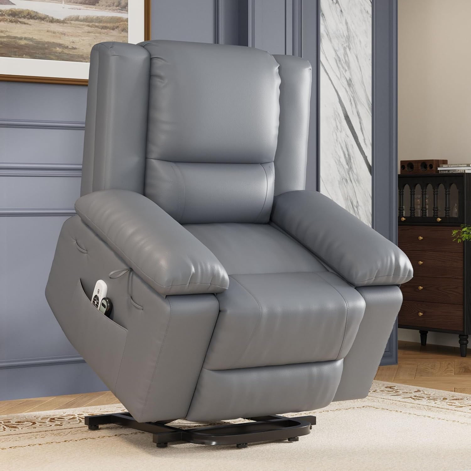 Grey recliner shown upright and slightly lifted in a staged living room, metal lift base visible.