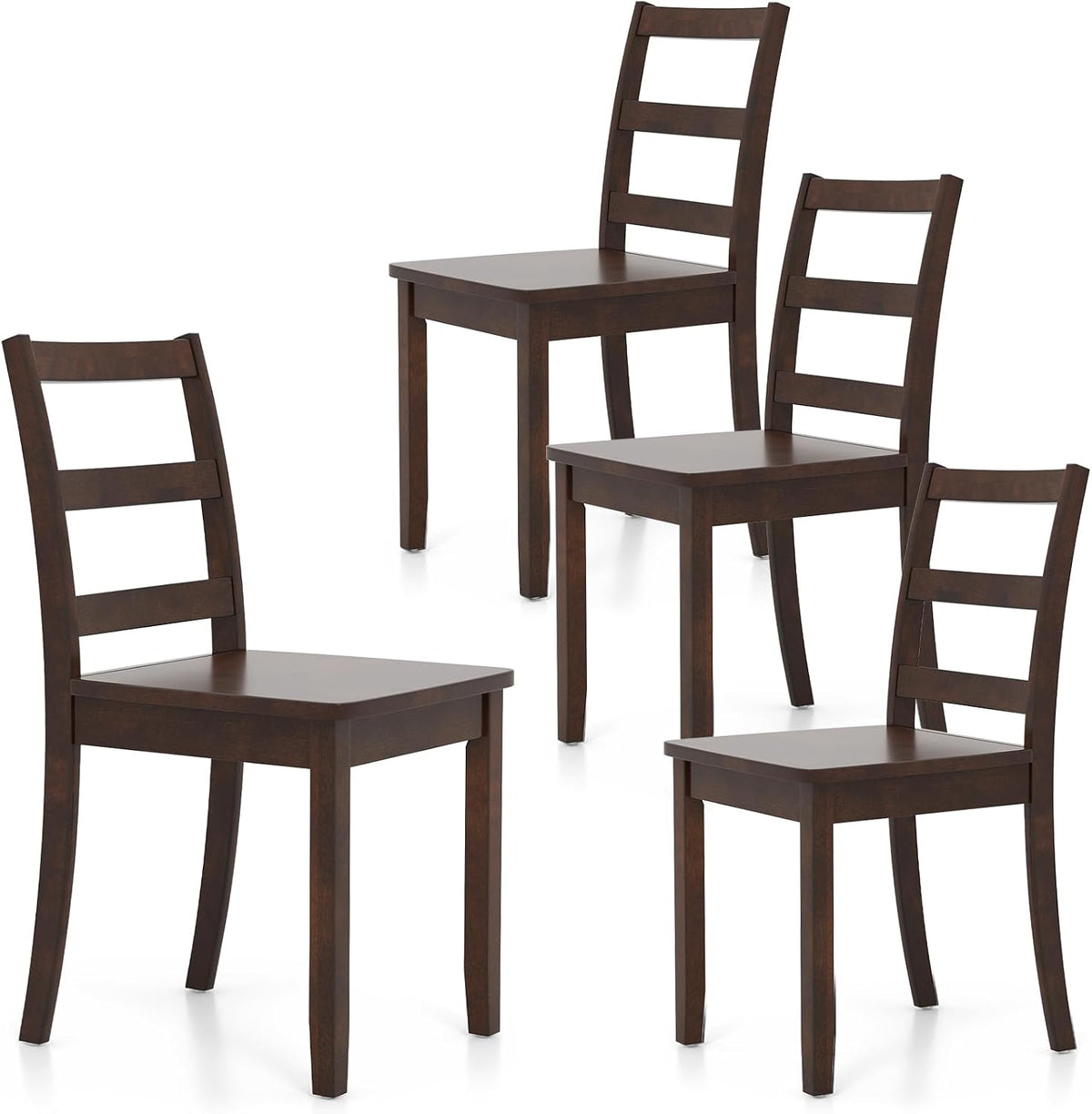 Four dark brown ladder-back dining chairs shown at varied angles on a white background.