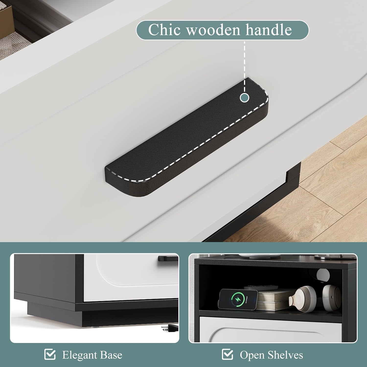 Close-up of black rectangular wooden drawer handle on a white drawer front