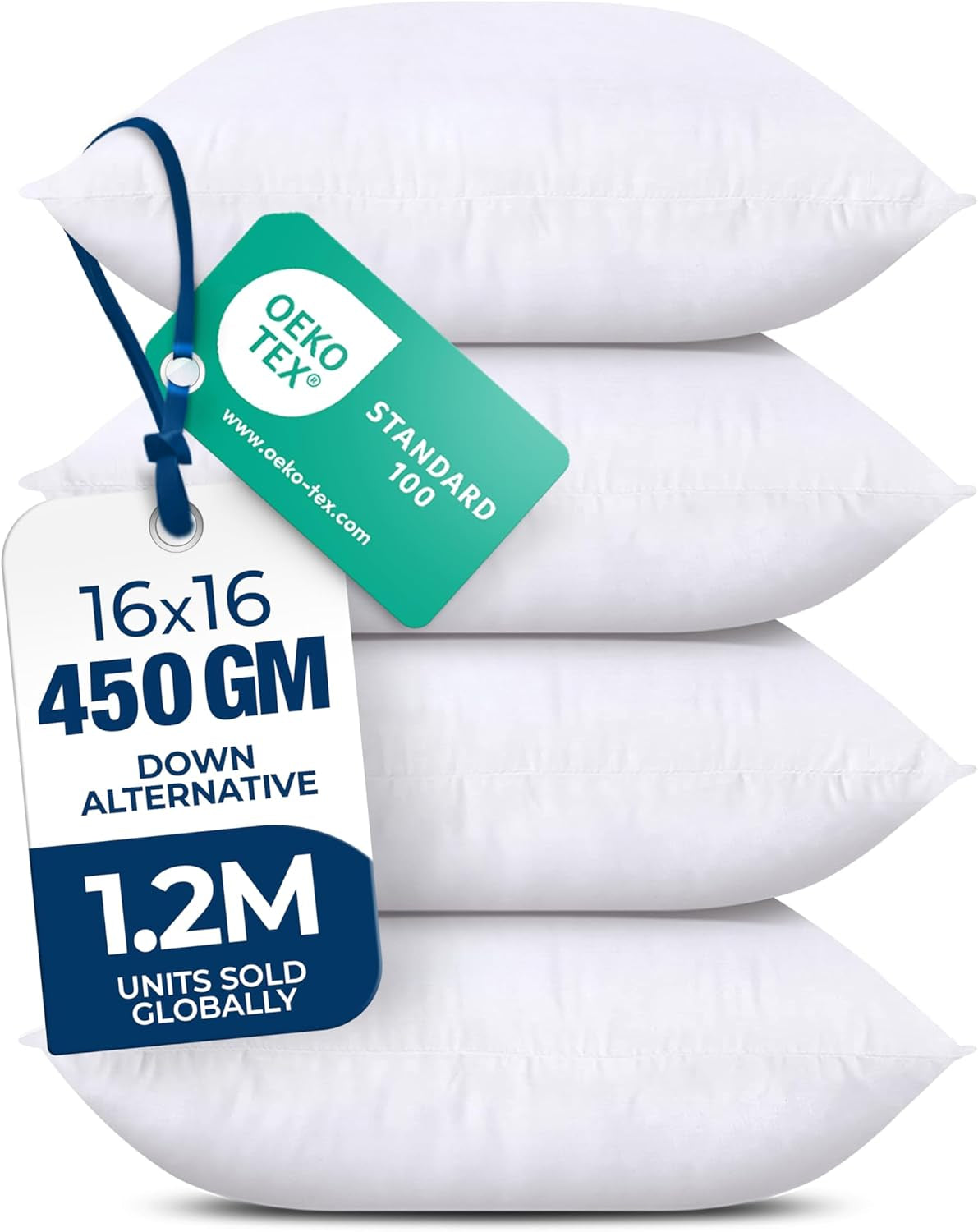 Layered side profile of four white pillow inserts with two dangling tags positioned on the left