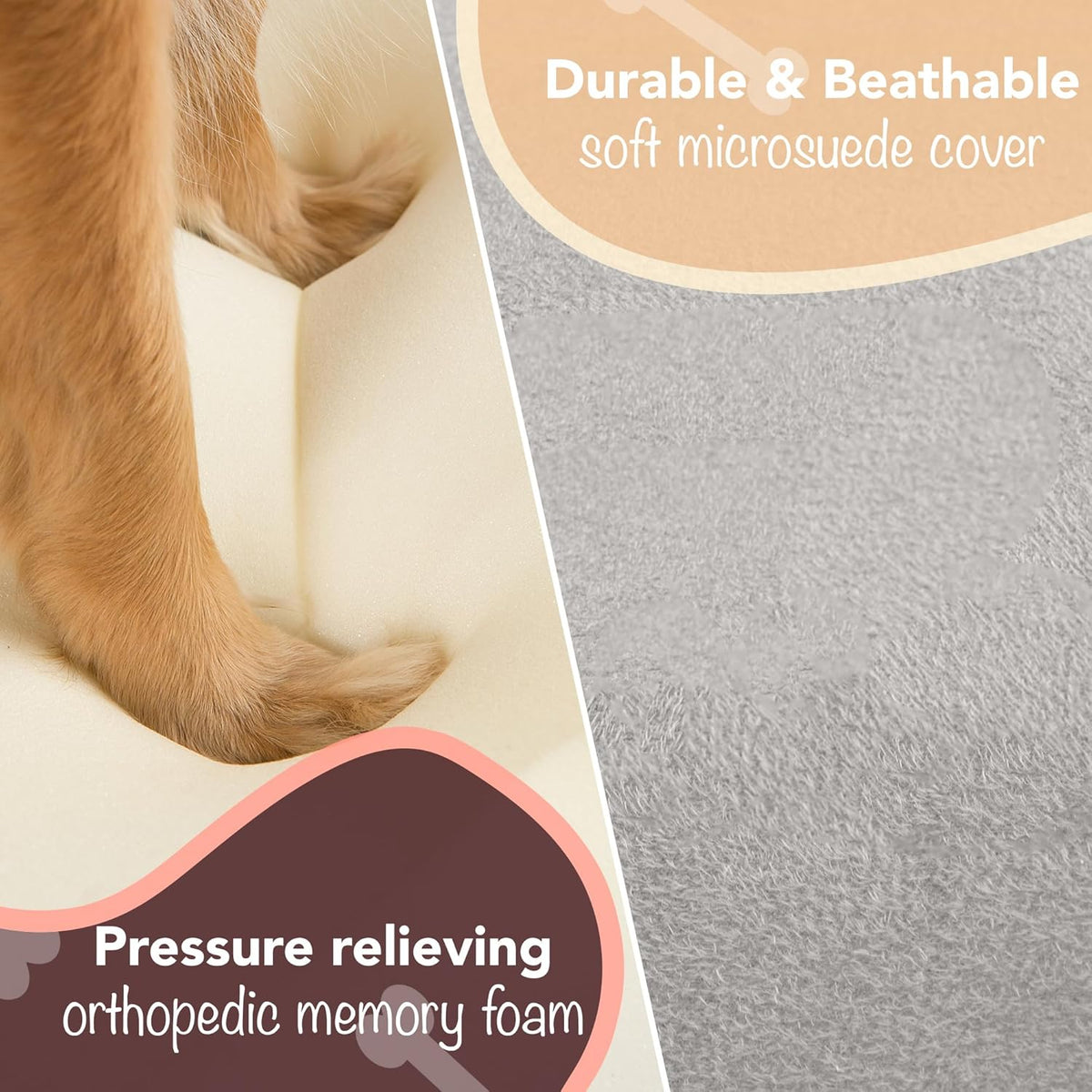 Close-up of memory foam and soft grey microsuede cover demonstrating pressure-relieving contour and fabric texture