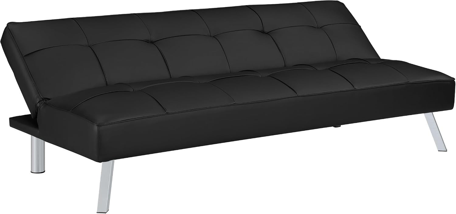 Angled front view of a black faux leather futon with tufted seat and chrome legs.