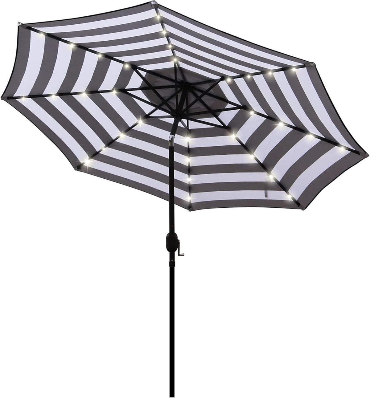 Open black-and-white striped patio umbrella viewed from below with LED lights on the ribs.