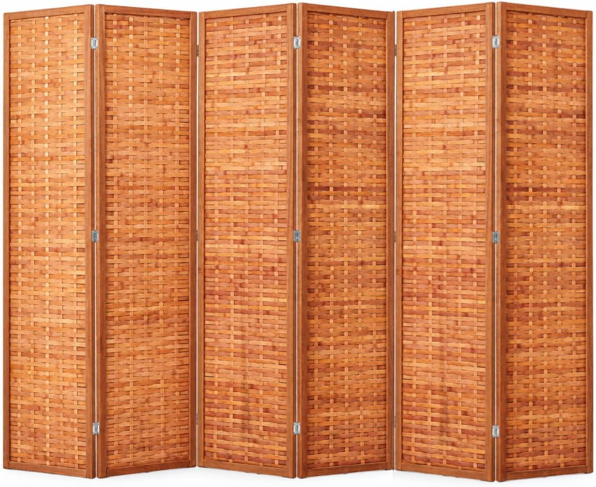 Front-facing view of the woven folding screen arranged in a gentle zigzag to show the basketweave panels.