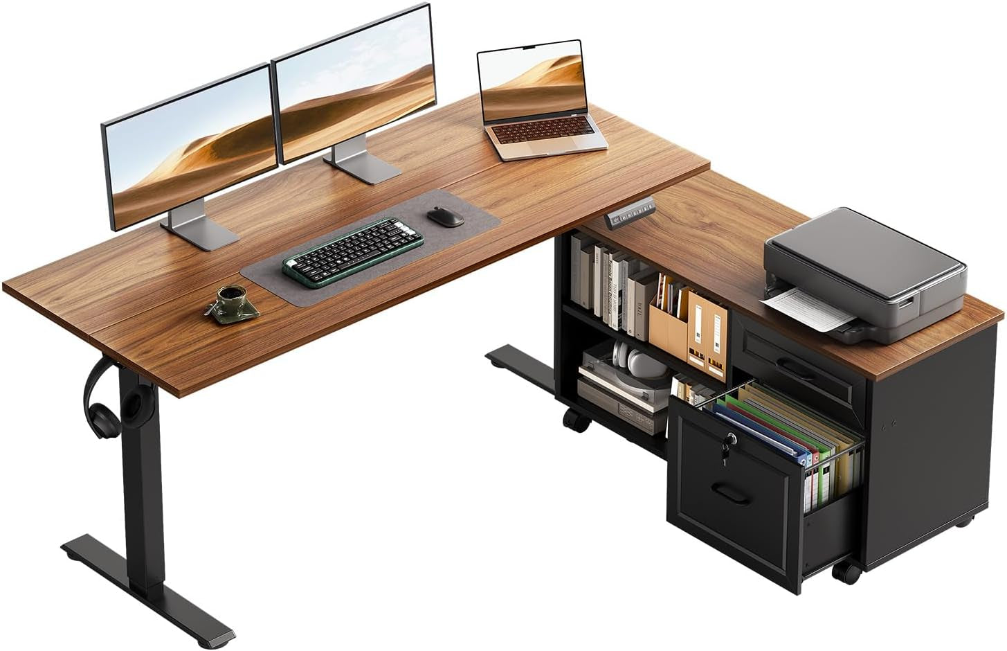 L-shaped walnut tabletop sit-stand desk with black frame, open shelving and a file drawer, monitors and printer.